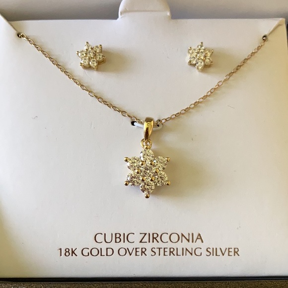 Cubic Zirconia 18K Gold Over Sterling Silver Flower Set - Picture 2 of 9